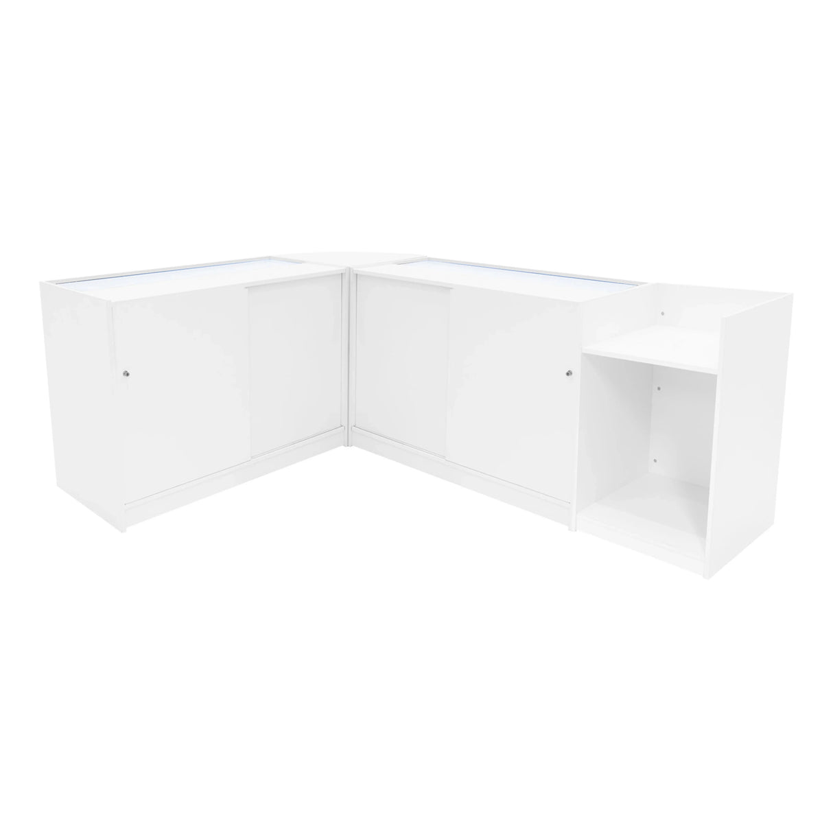 White Europa LED shop counter set featuring sleek design, smooth surfaces, and integrated lighting for retail displays