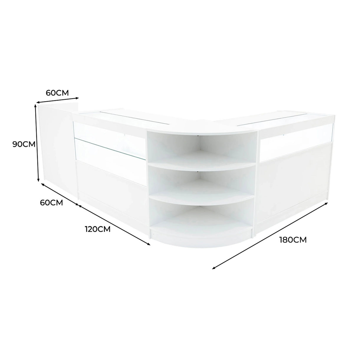 Europa LED Shop Counter Set in white, featuring sleek curved design, glass display sections, and ample storage space with modern aesthetics
