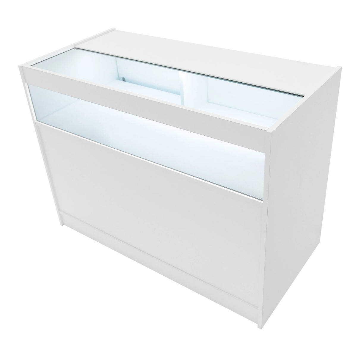 White Europa LED shop counter set featuring a sleek design, glass display top, and illuminated interior for showcasing products