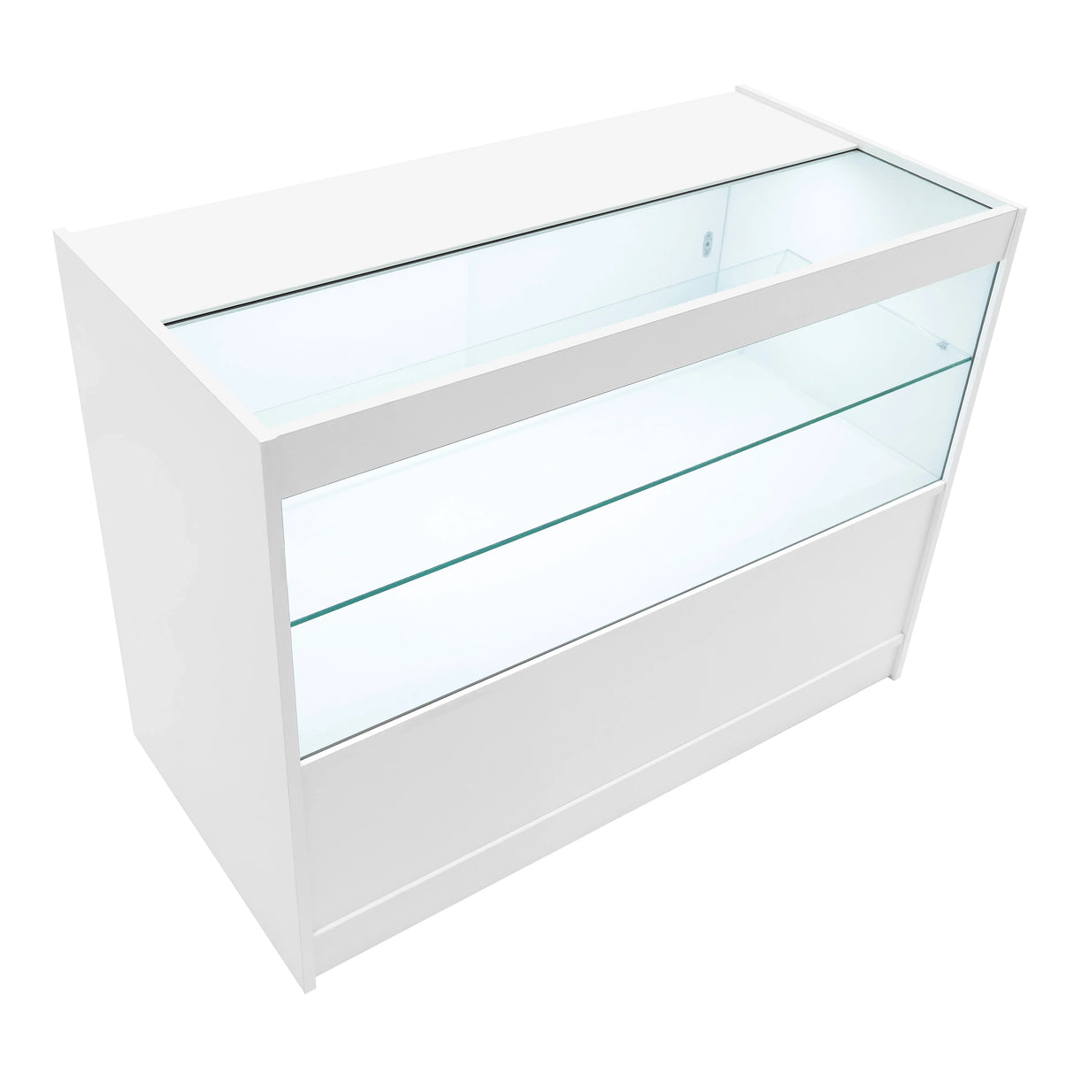 White Europa LED shop counter set featuring a sleek design, glass display shelves, and a modern finish, ideal for retail spaces