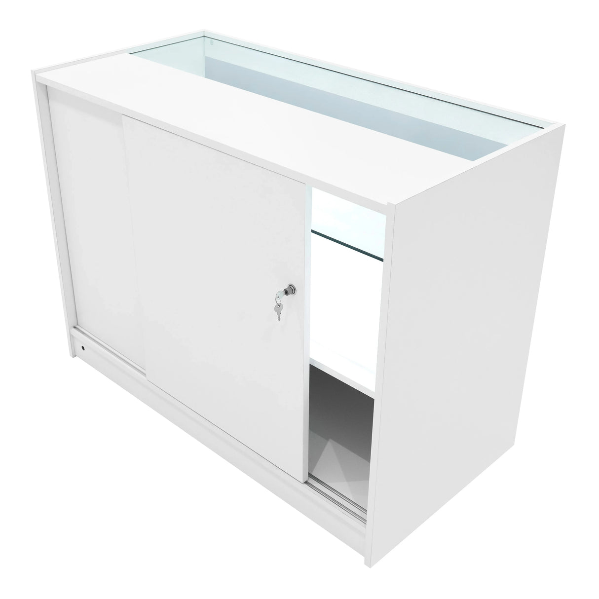White Hyperion LED shop counter set featuring sliding doors, glass display top, and sleek modern design for retail spaces