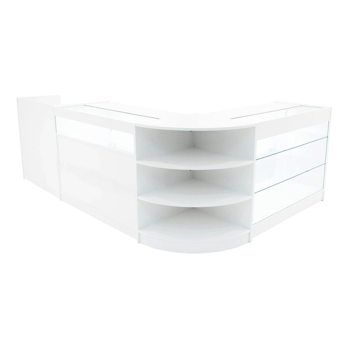 Hyperion LED Shop Counter Set in white, featuring sleek surfaces, curved edges, and glass display shelves for modern retail spaces