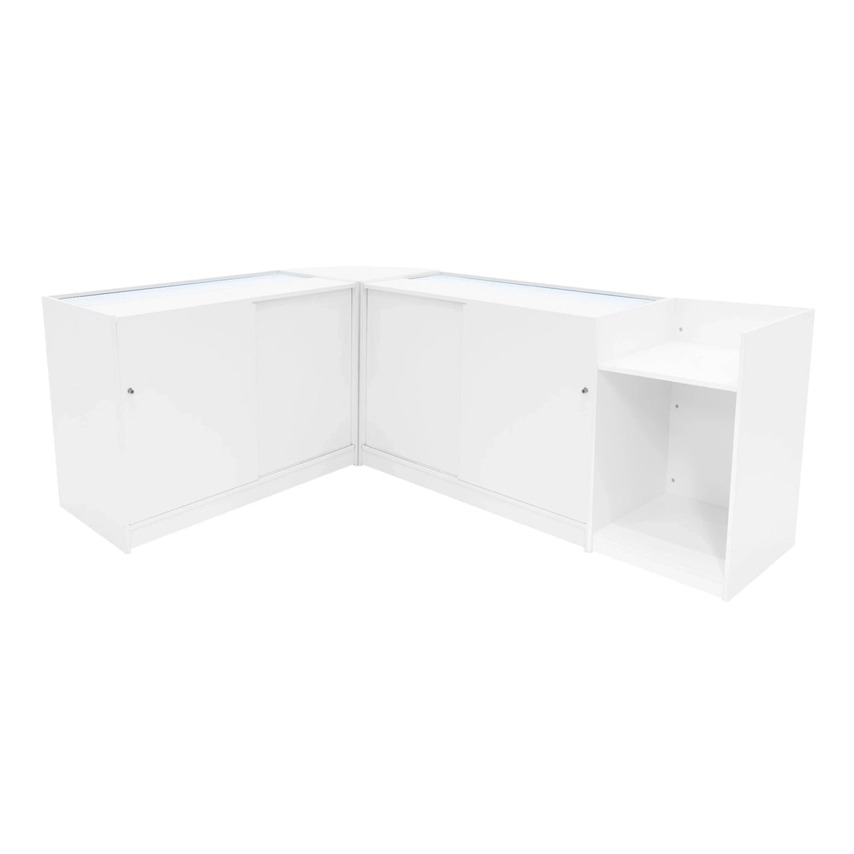 White Hyperion LED shop counter set featuring sleek design with smooth surfaces, corner configuration, and integrated display lighting