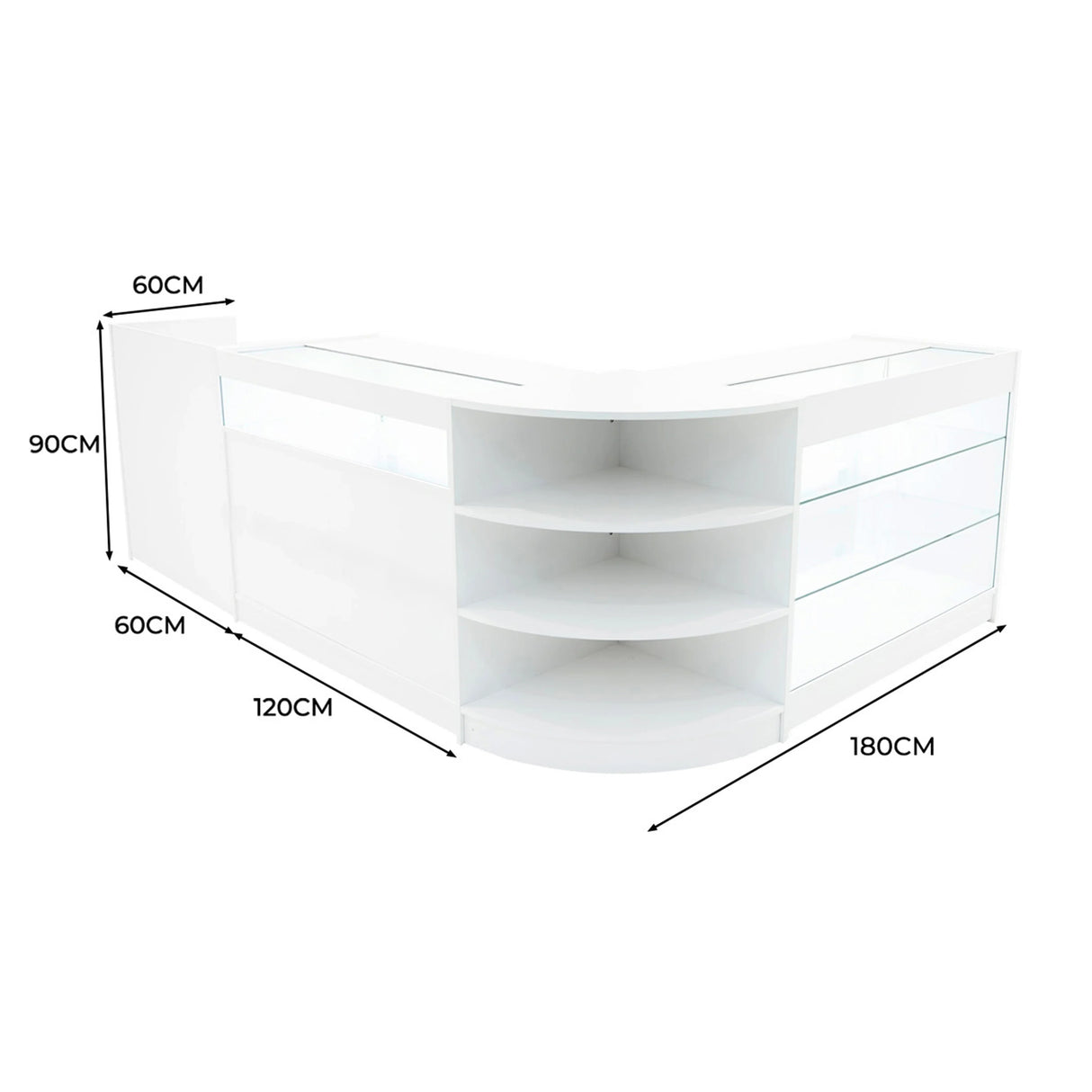 Hyperion LED shop counter set in white, featuring sleek curved design, glass shelves, and dimensions of 180cm x 90cm x 60cm