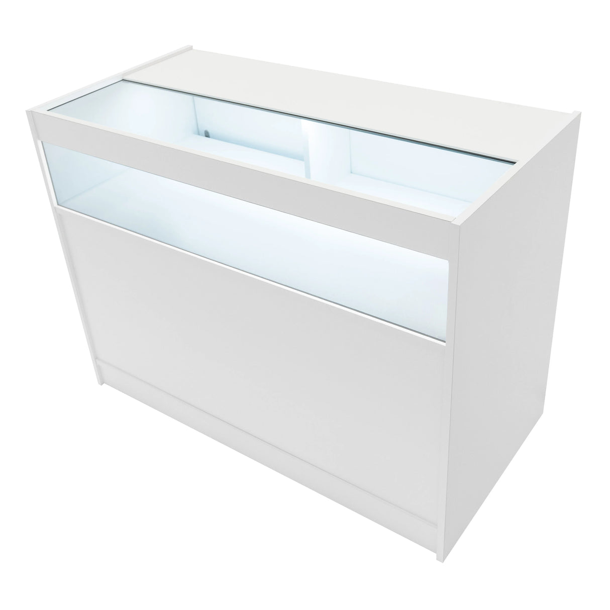 White Hyperion LED shop counter set featuring a sleek design, glass display top, and illuminated interior for showcasing products