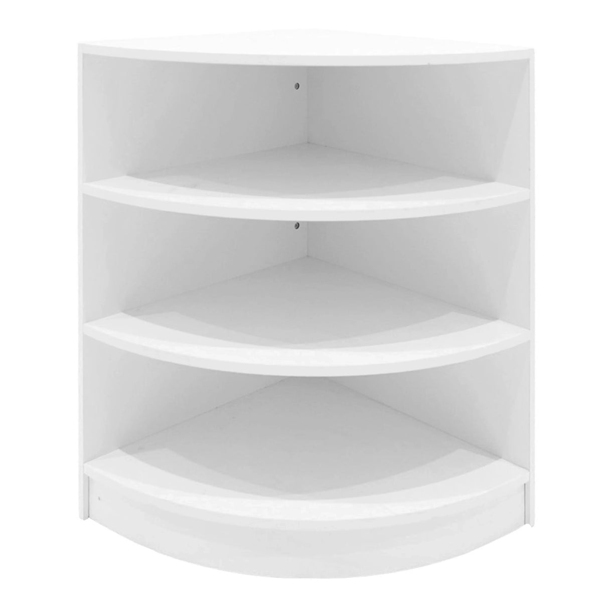 White corner display shelf with four smooth, curved shelves, designed for the Hyperion LED Shop Counter Set, showcasing a sleek, modern look