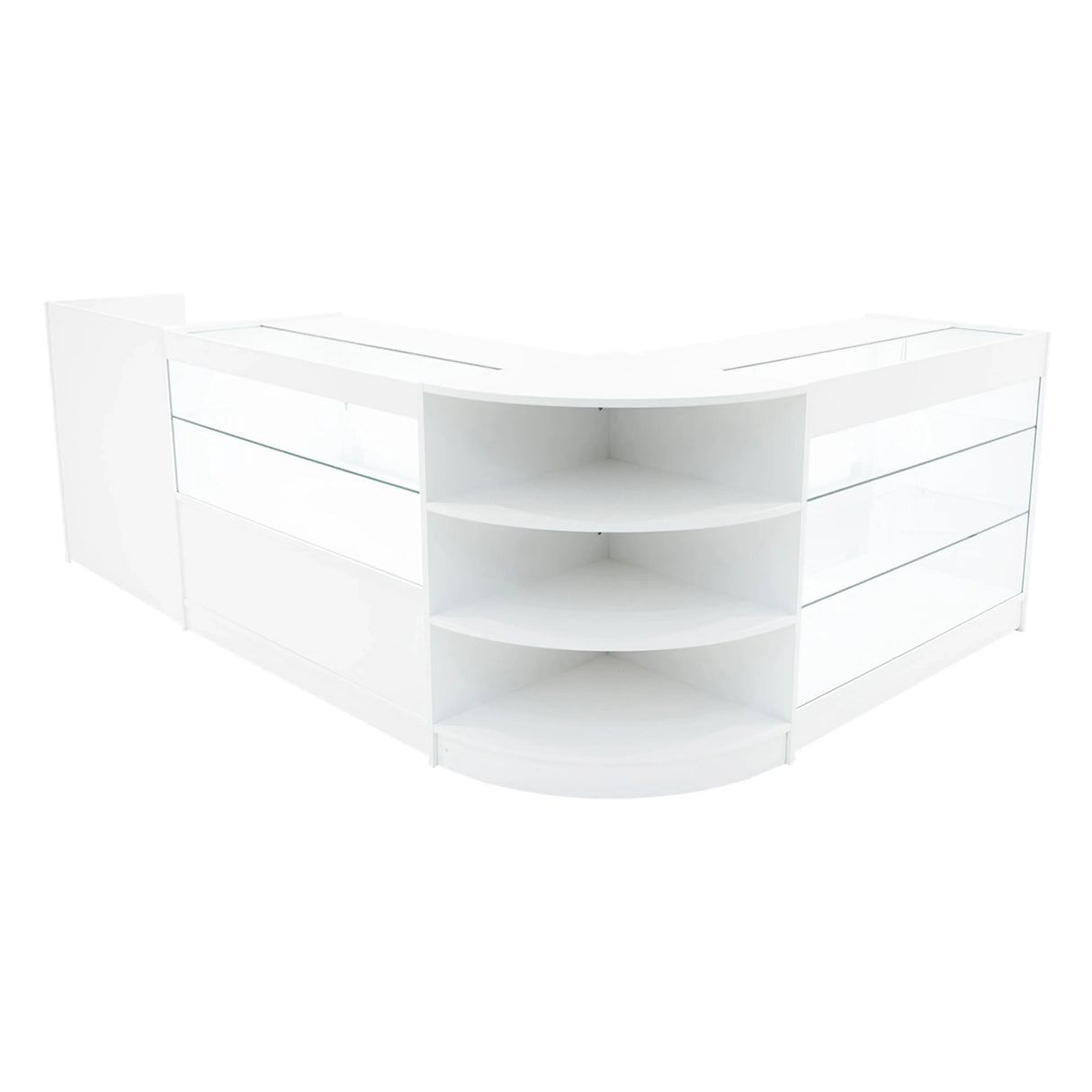 Theia LED Shop Counter Set in white features sleek design, glass display shelves, and a modern, curved shape for retail spaces