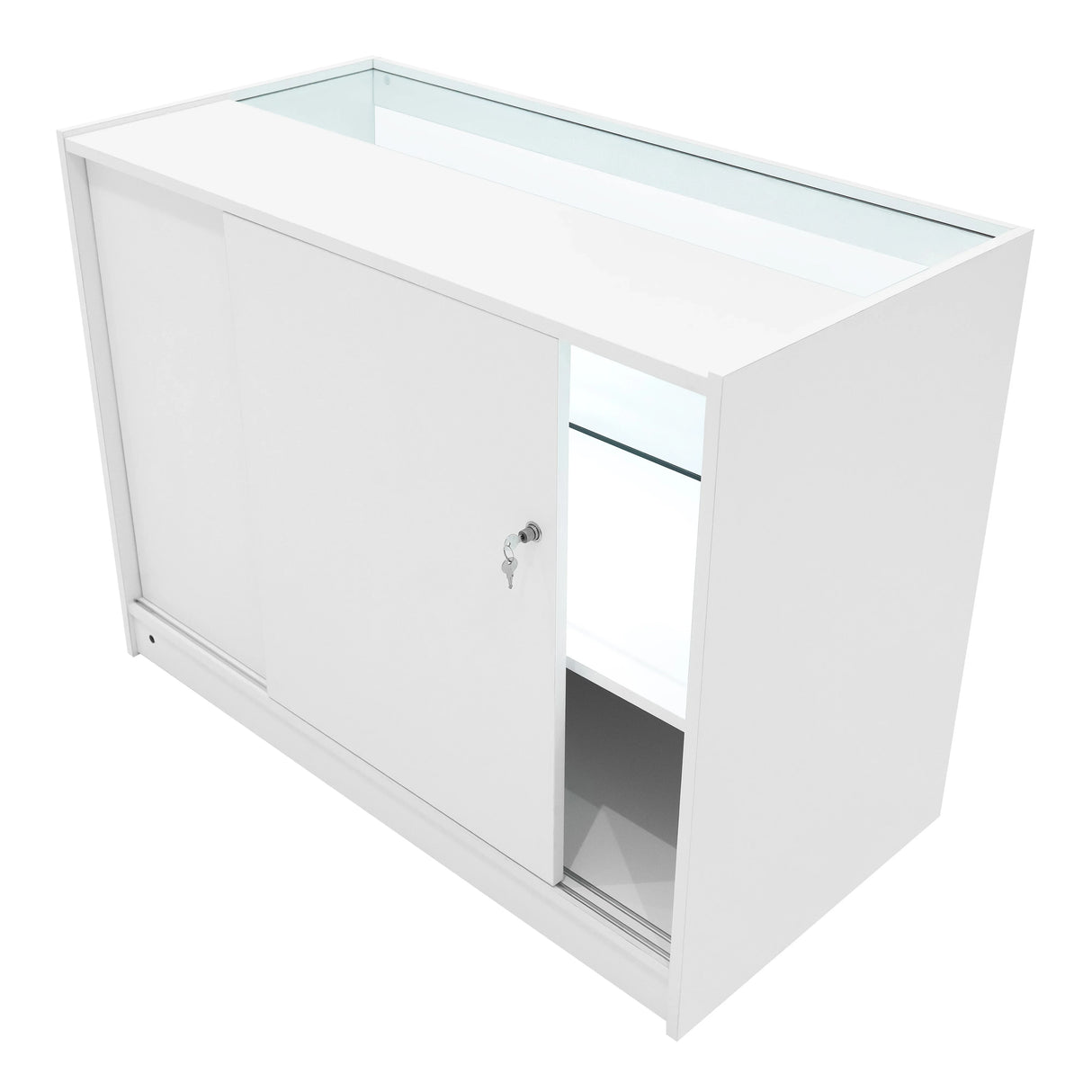 Theia LED Shop Counter Set in white, featuring sleek sliding doors, glass display shelf, and modern design for retail spaces