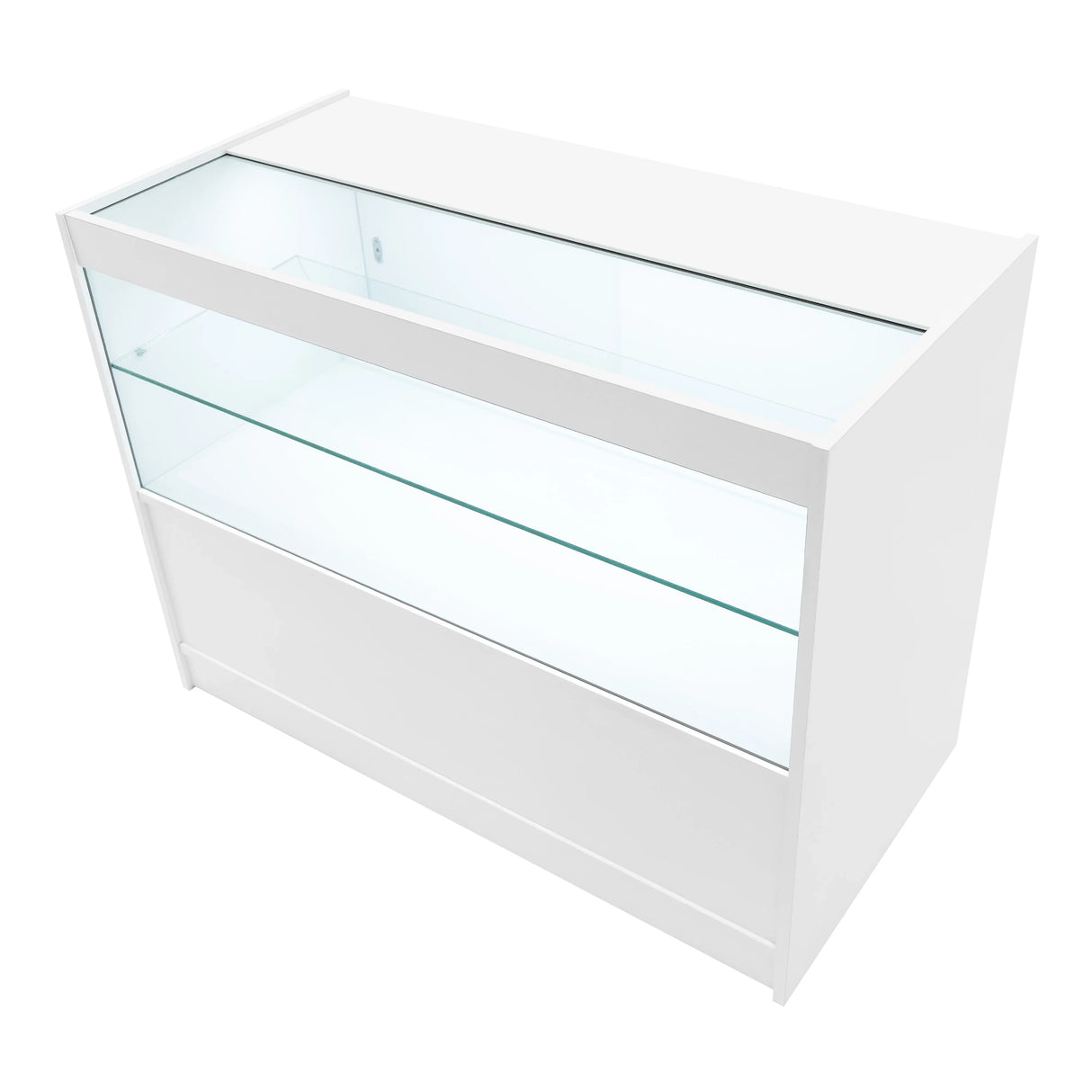 Theia LED Shop Counter Set in white, featuring sleek glass display shelves and a modern design, ideal for retail environments