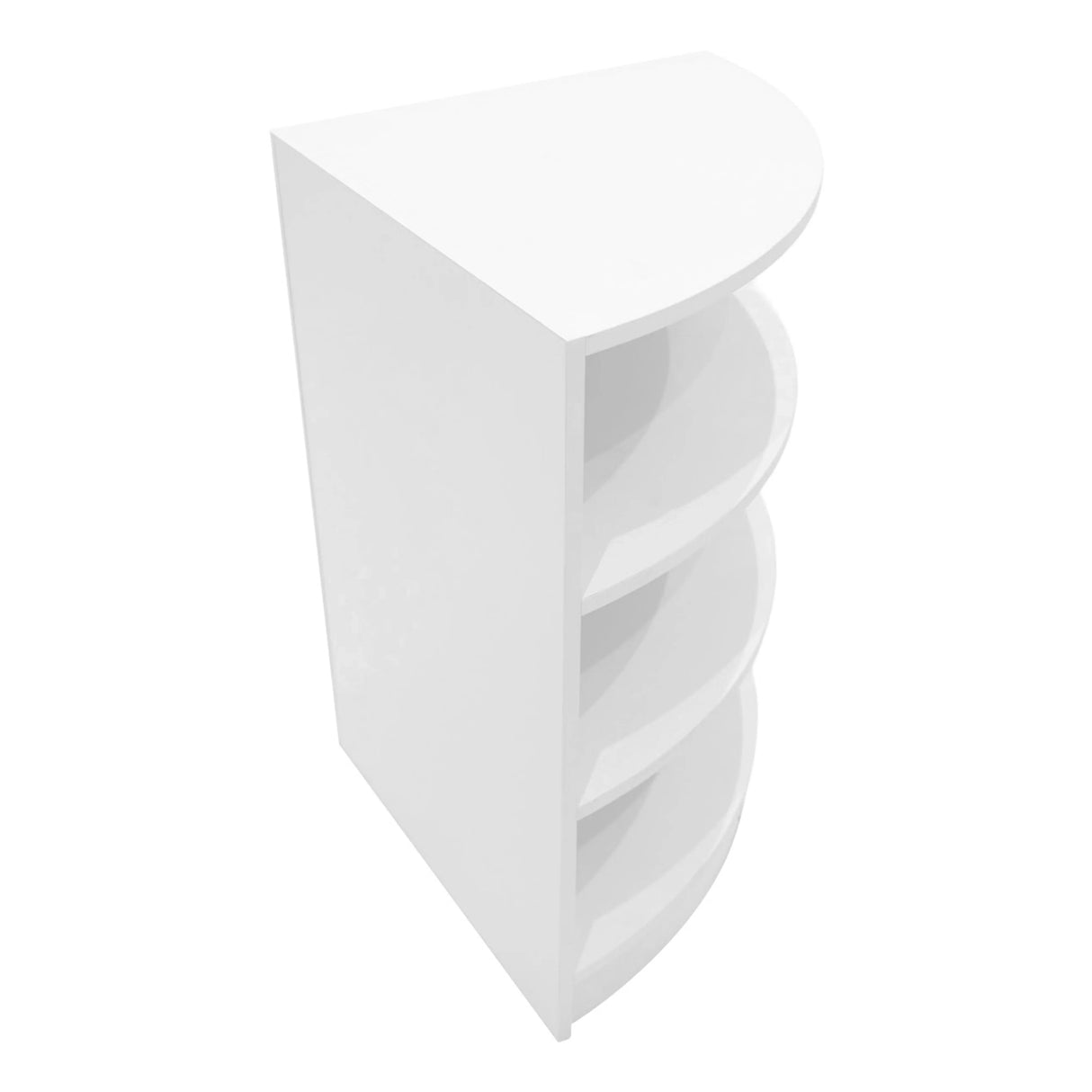 Curved white LED shop counter with four open shelves, designed for retail displays and showcasing products elegantly