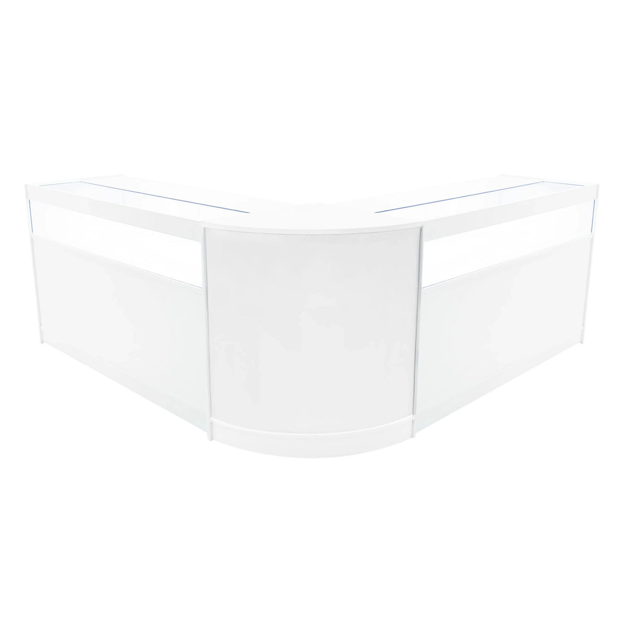 White Iris LED shop counter set with sleek design, featuring two display sections and a smooth, glossy finish for modern retail spaces