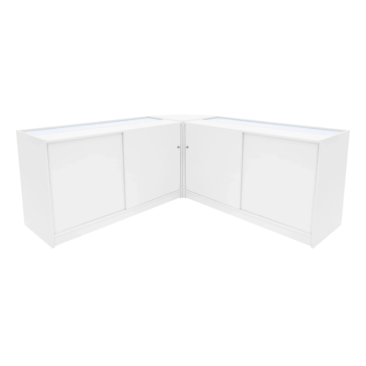 White Iris LED shop counter set featuring a sleek, modern design with two B1500 display units and illuminated top surfaces