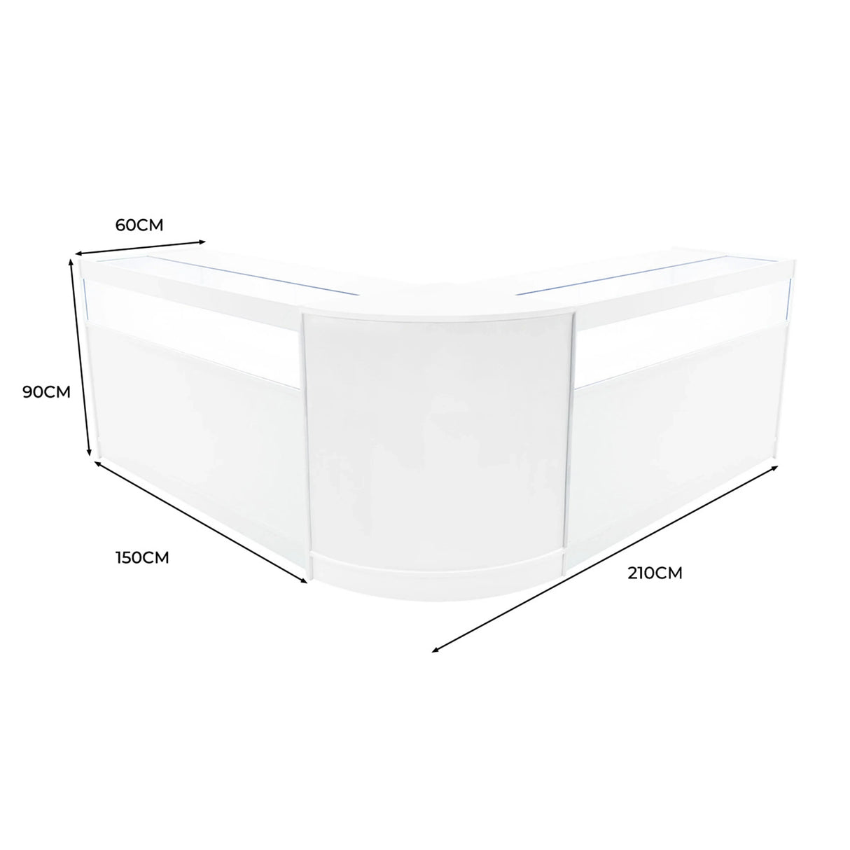 White Iris LED shop counter set with sleek design, featuring a 60cm height, 150cm width, and 210cm length, ideal for retail displays