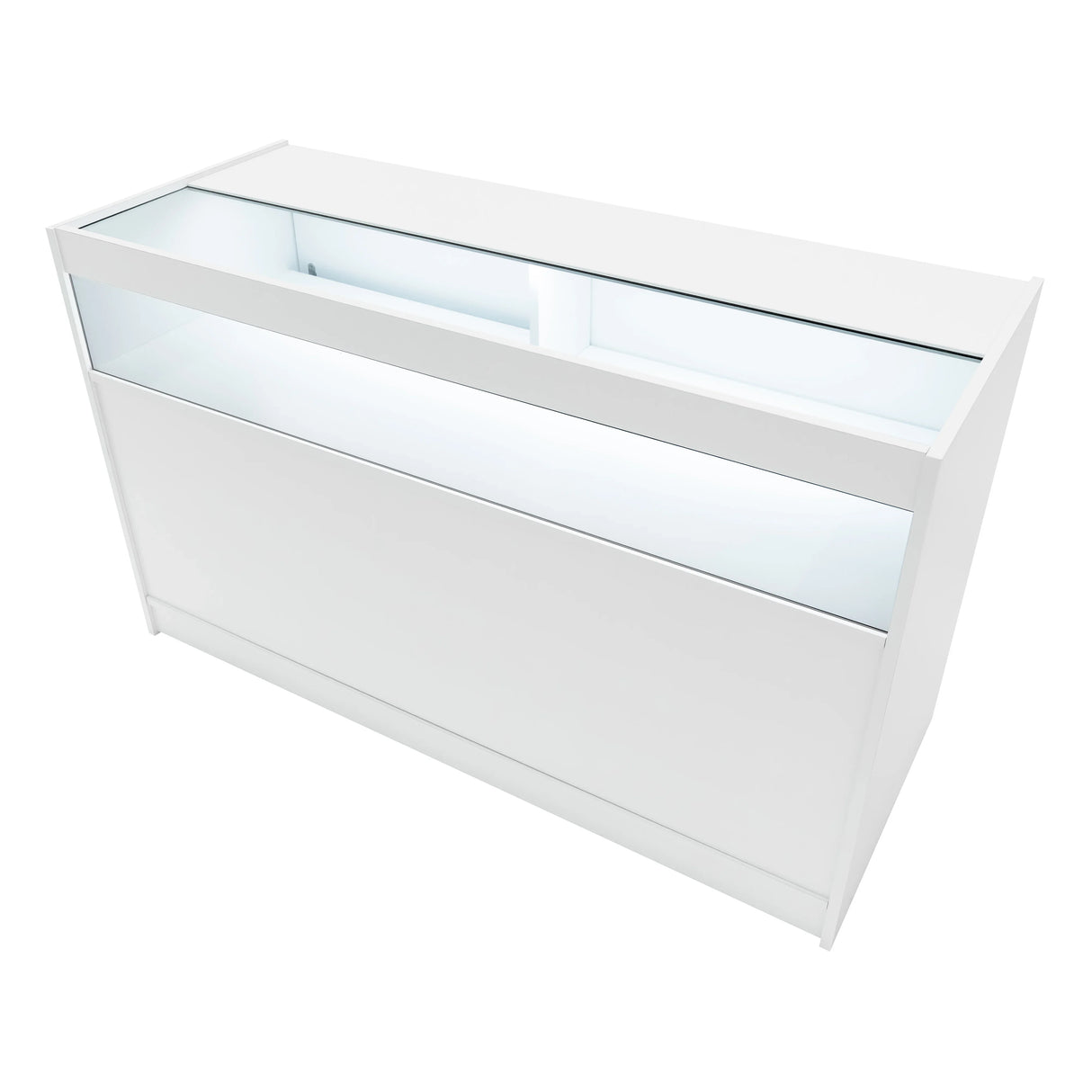 White Iris LED shop counter set with sleek design, glass display section, and illuminated interior, ideal for retail environments