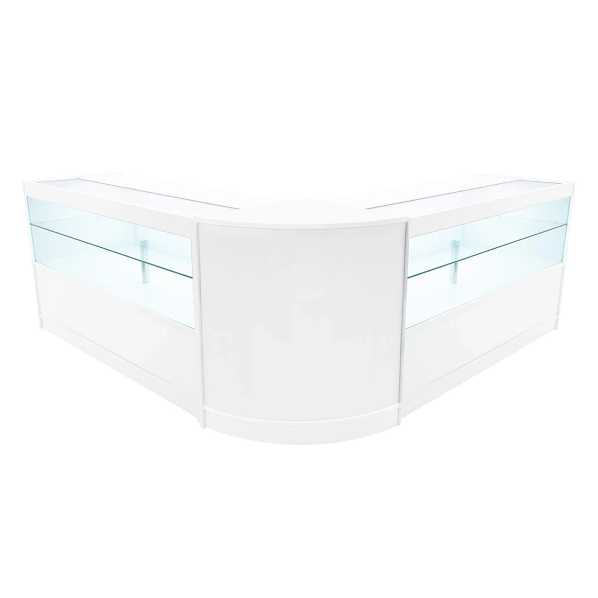White Selene LED shop counter set with sleek design, featuring glass display shelves and a modern curved shape, ideal for retail spaces