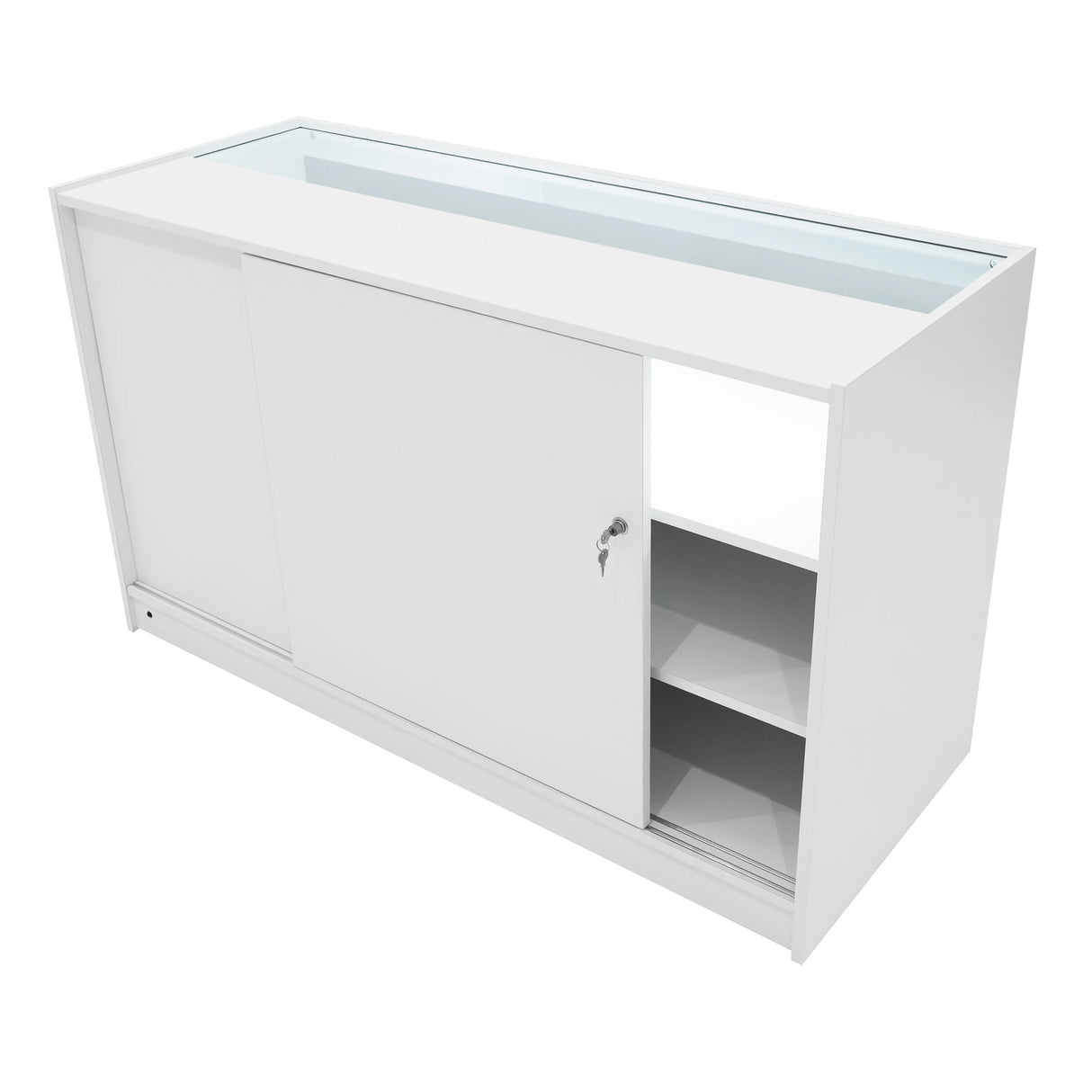 Sleek white Selene LED shop counter set with sliding door, glass display top, and open shelves for organized storage and display