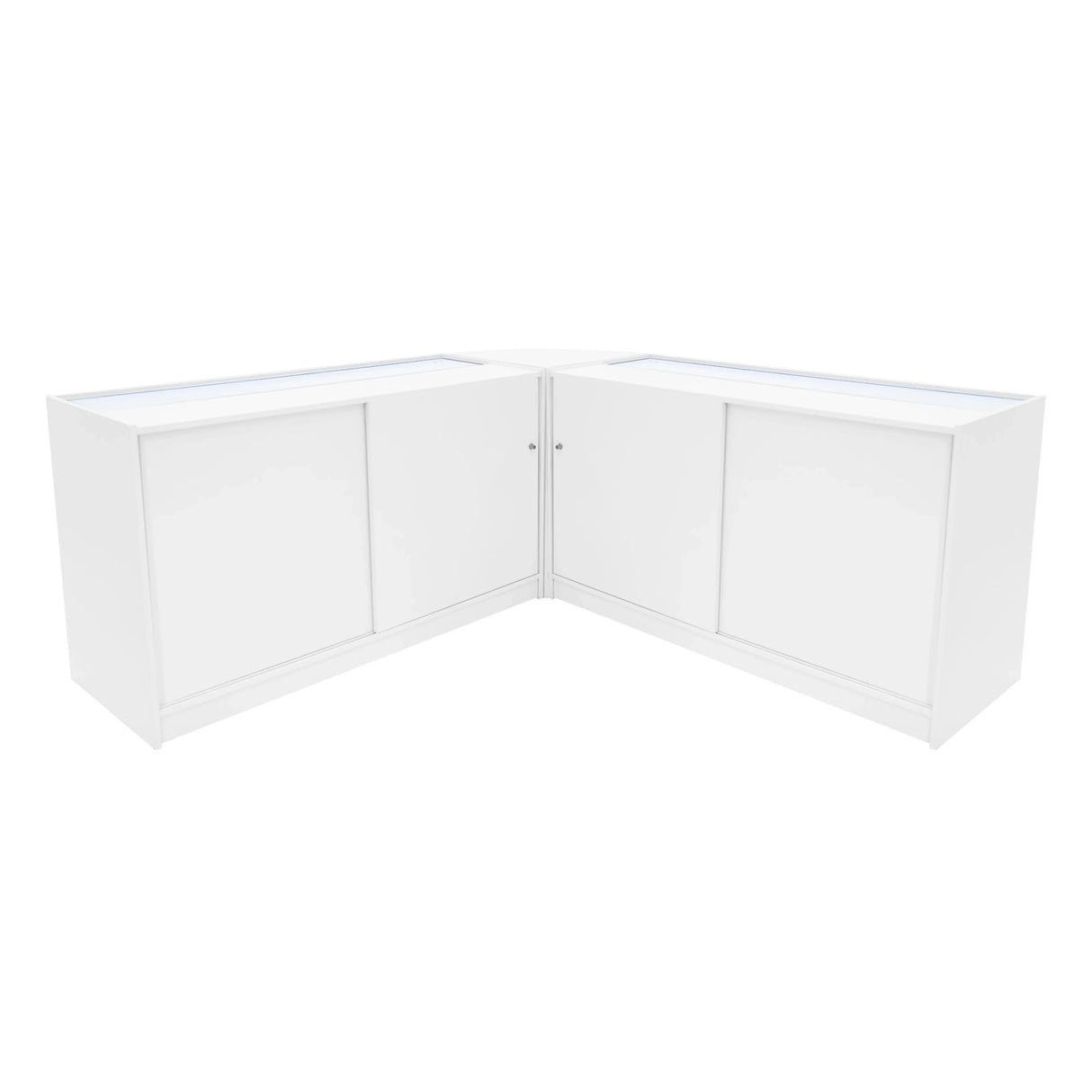 Sleek white Selene LED shop counter set with two C1500 display units, featuring smooth surfaces and modern corner design