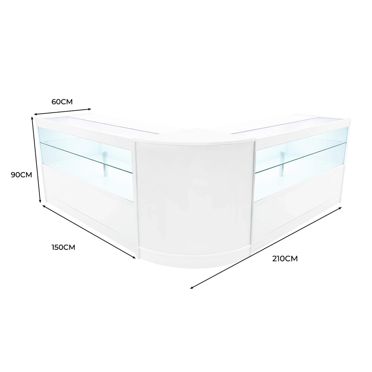 Curved white LED shop counter set with glass display shelves, measuring 60cm high, 150cm wide, and 210cm long, ideal for retail spaces