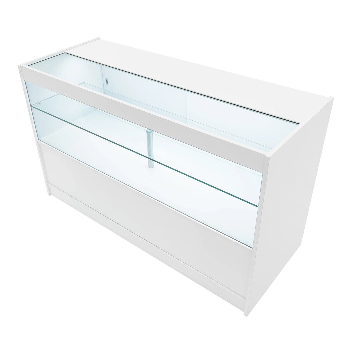 Sleek white Selene LED shop counter set with glass display shelves, featuring a modern design and clean lines for retail spaces