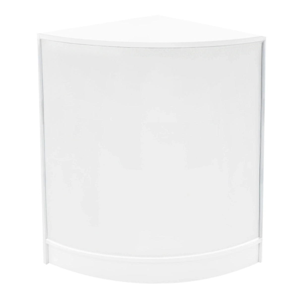 Sleek white corner shop counter with a smooth finish, designed for retail displays, featuring integrated LED lighting for visibility