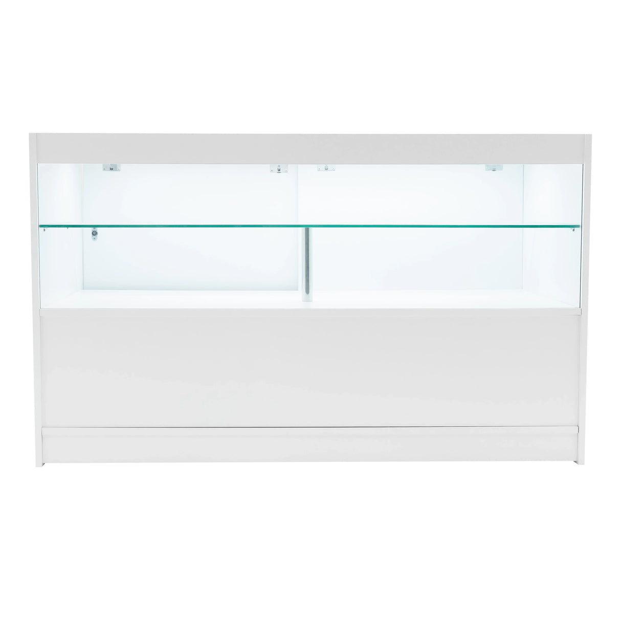 White Selene LED shop counter set with two glass display shelves, featuring a sleek design and modern finish, ideal for retail spaces