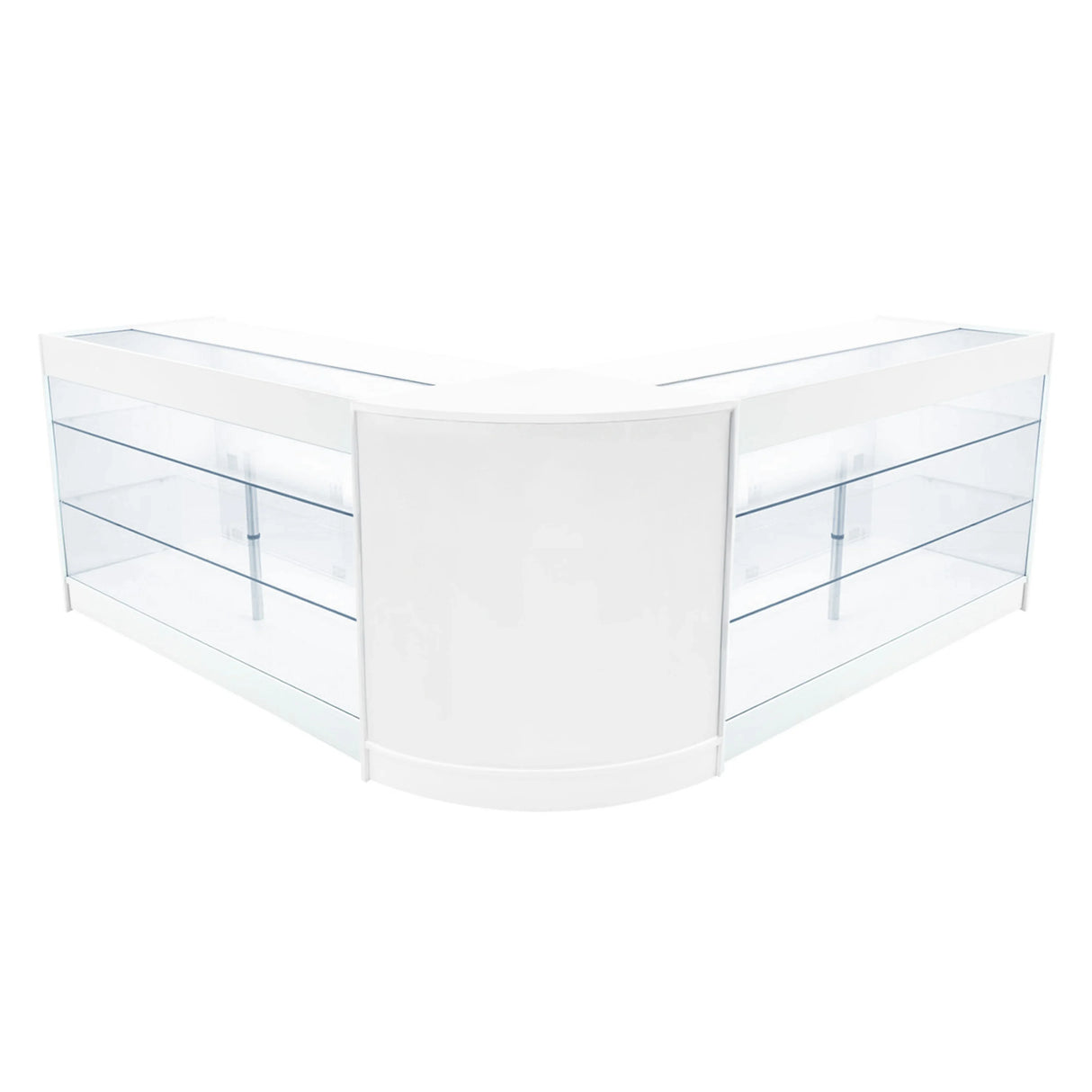 White Helios LED shop counter set with sleek glass shelves, featuring a modern, curved design perfect for retail displays