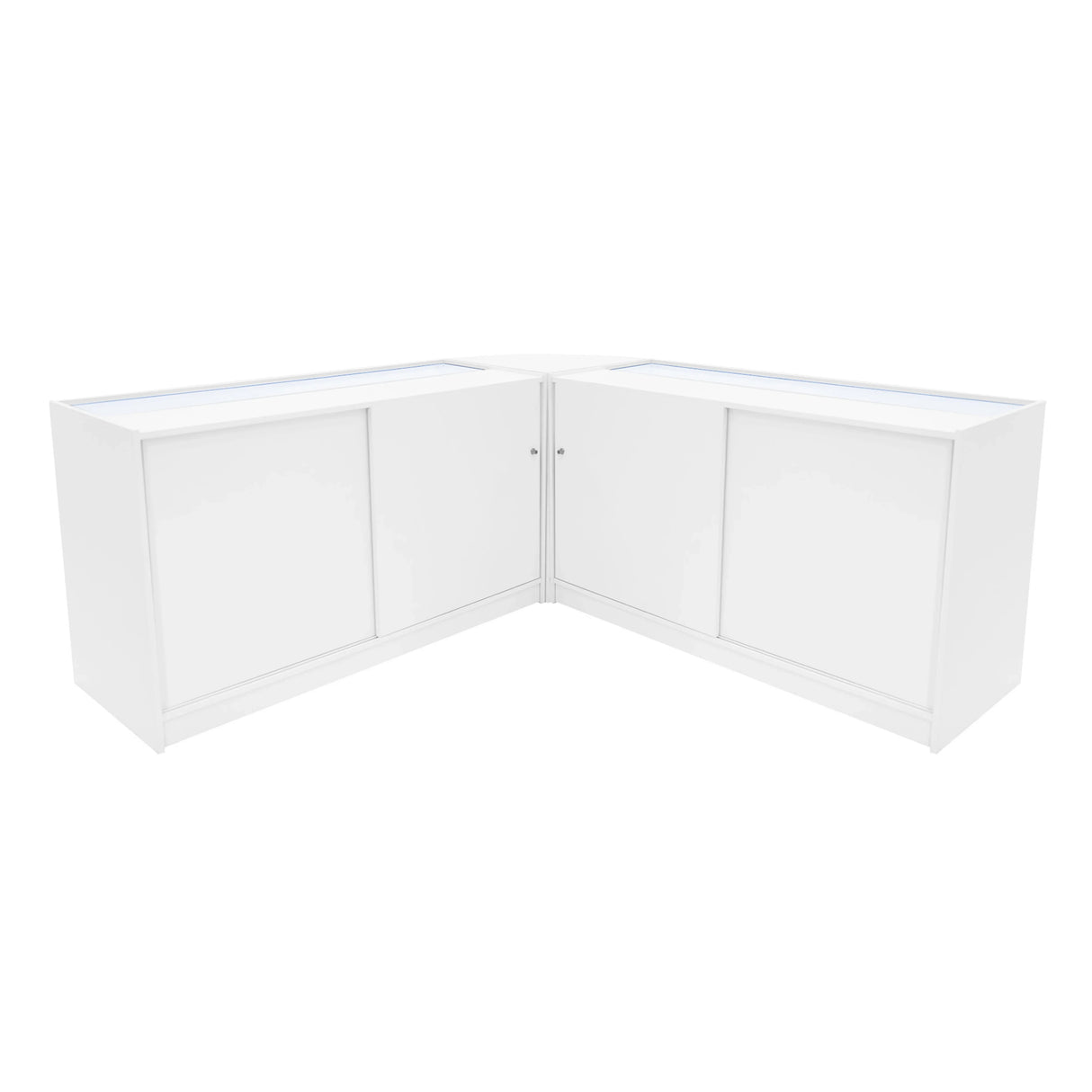 White Helios LED shop counter set featuring a sleek, modern design with two corner units and sliding doors for storage