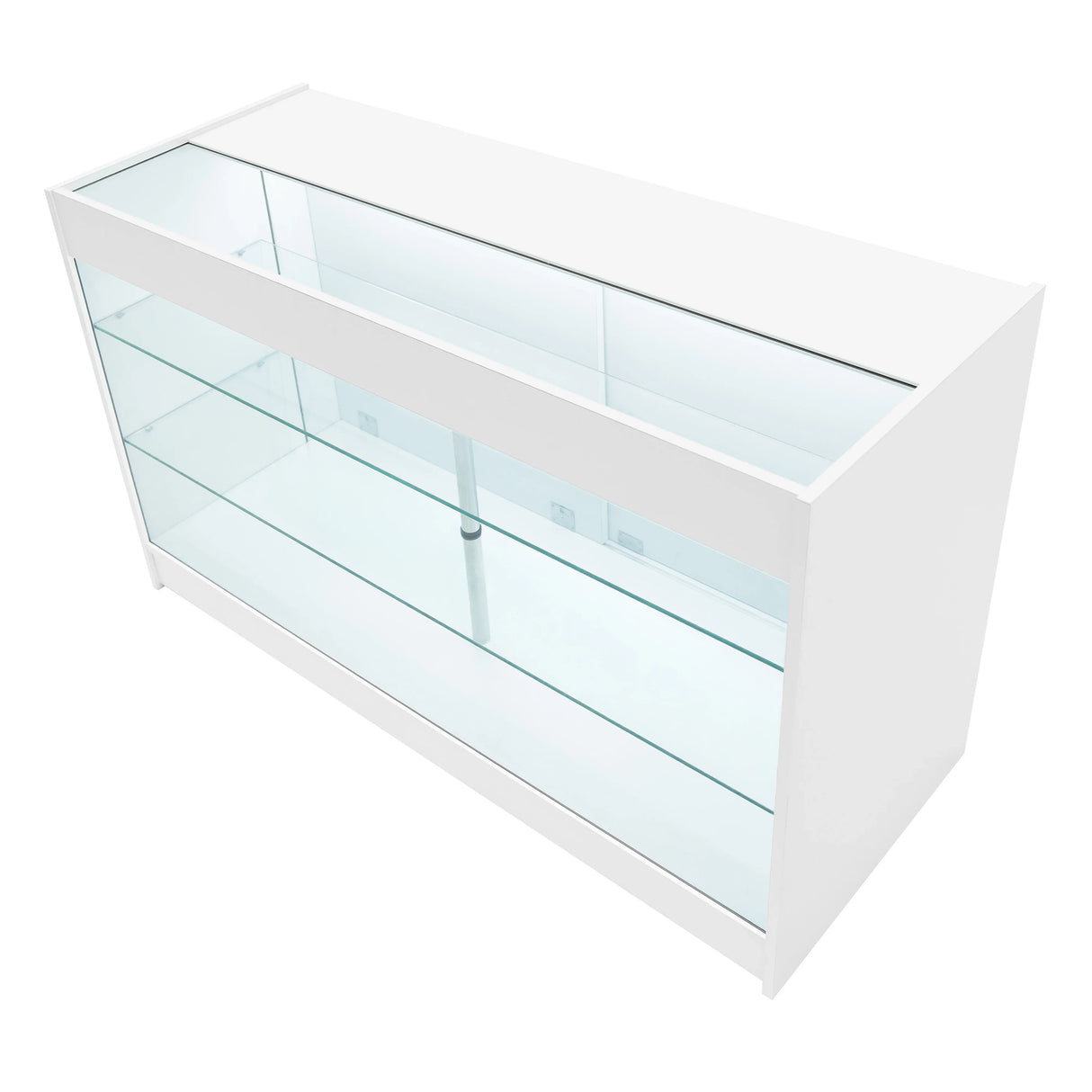 White Helios LED shop counter set with glass shelves, sleek design, and modern finish, ideal for retail displays and merchandising