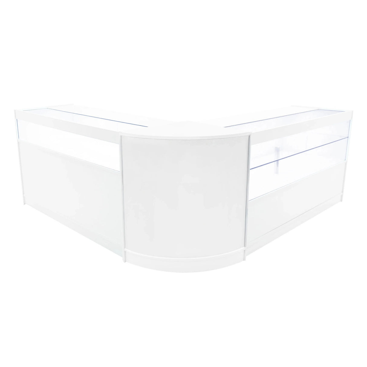 Adonis LED Shop Counter Set in white features a sleek, modern design with glass display sections and smooth surfaces, ideal for retail spaces