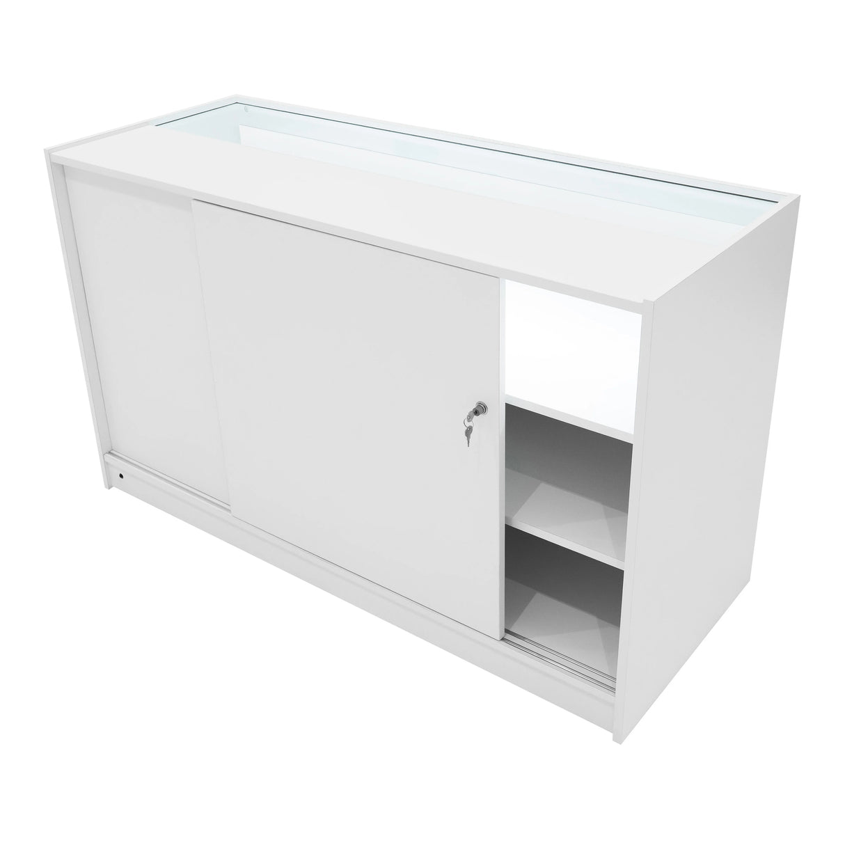 White Adonis LED shop counter set featuring sleek design, sliding door, glass top, and spacious interior shelves for display and storage