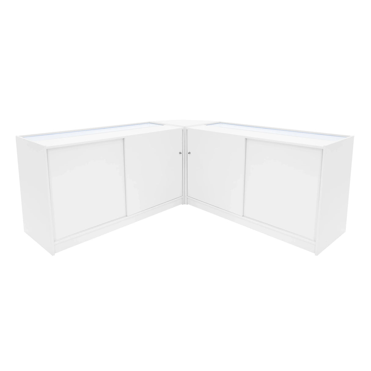 White Adonis LED shop counter set featuring a sleek, modern design with sliding doors and illuminated display surfaces, ideal for retail spaces