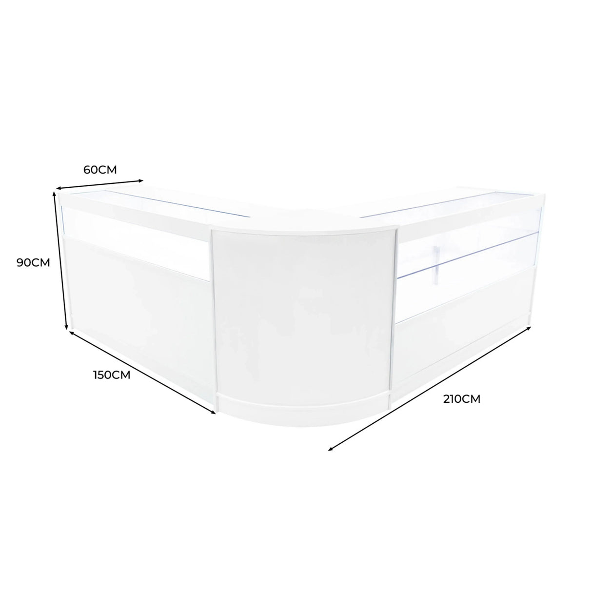Curved white LED shop counter set featuring sleek glass displays, measuring 150cm by 210cm, ideal for retail environments