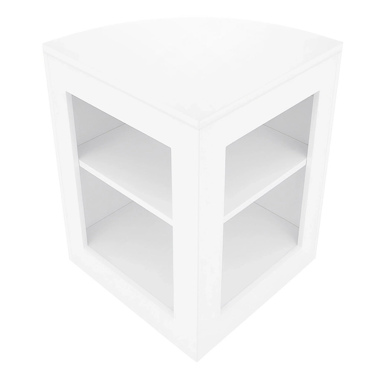 White LED shop counter set featuring a sleek, modern design with a triangular shape and two open shelves for display storage