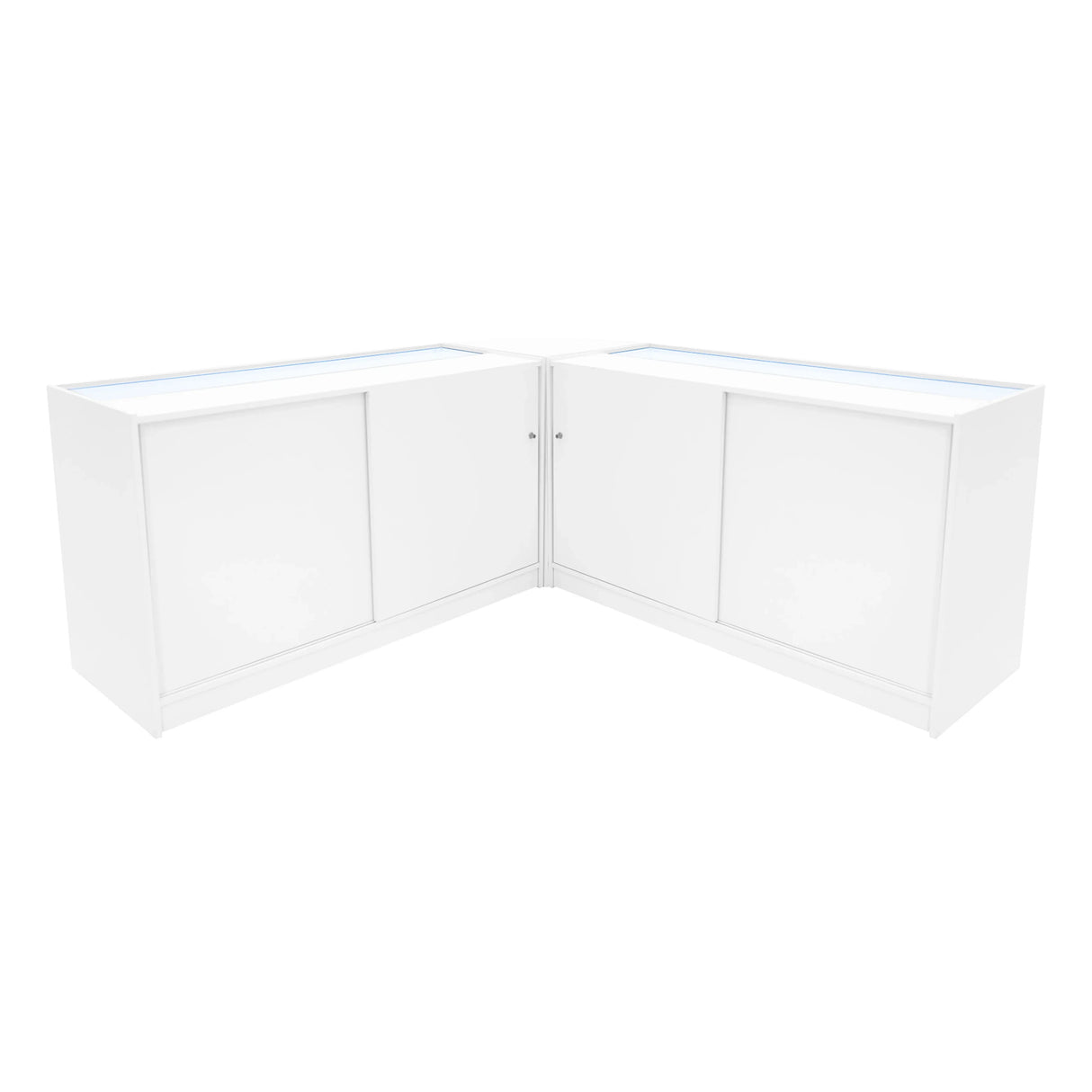 Triton LED Shop Counter Set in white, featuring sleek surfaces, sliding doors, and integrated LED lighting for modern retail displays
