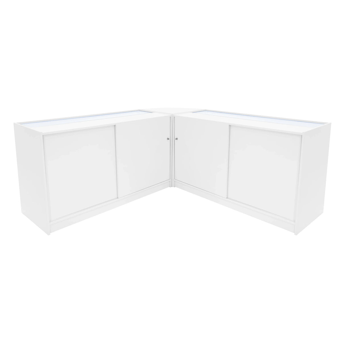 Hera LED Shop Counter Set in white, featuring sleek design, smooth surfaces, and integrated LED lighting for display enhancement