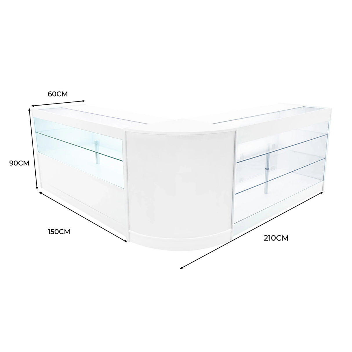White Hera LED Shop Counter Set featuring sleek glass shelves, modern curved design, and dimensions of 150cm x 90cm x 60cm
