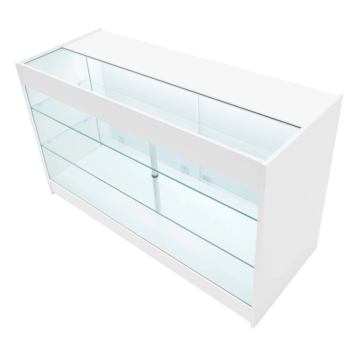 Hera LED Shop Counter Set in white features a sleek design with glass shelves, ideal for showcasing products in retail spaces