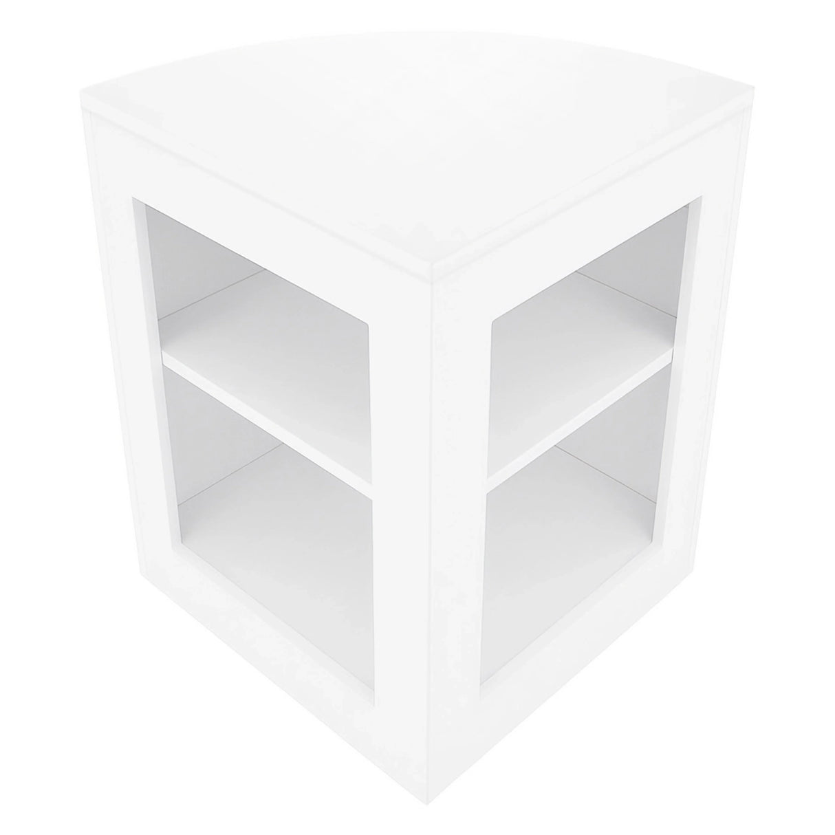 White Hera LED shop counter set featuring a sleek, modern design with a curved top, open shelving, and smooth finish