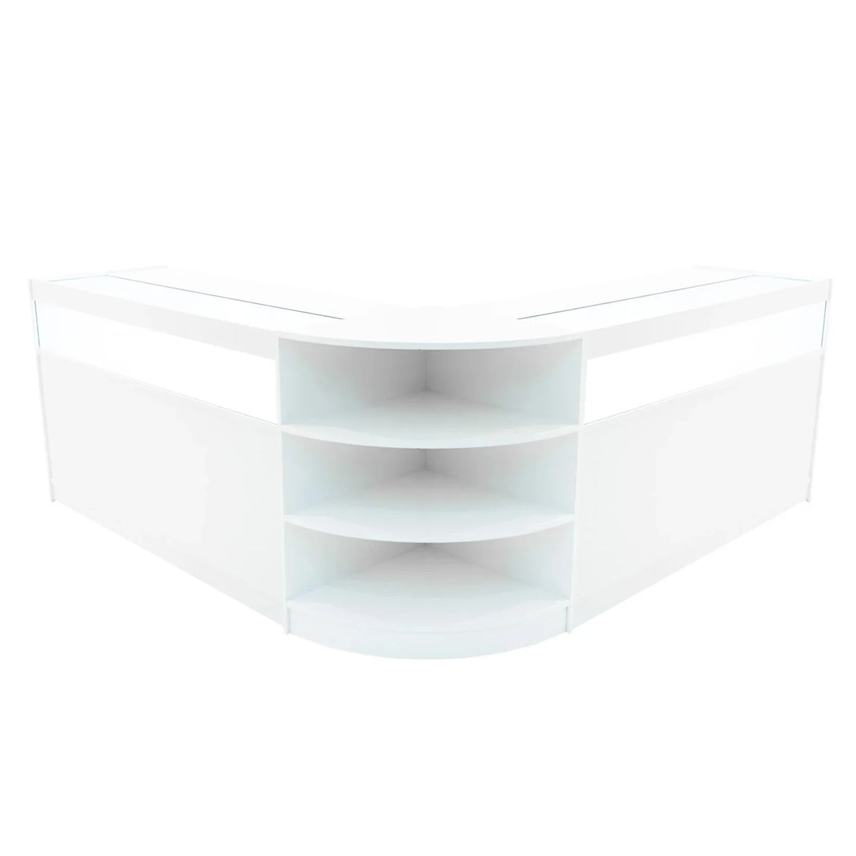 Theseus LED shop counter set in sleek white, featuring a modern L-shape design with open shelving for display and storage