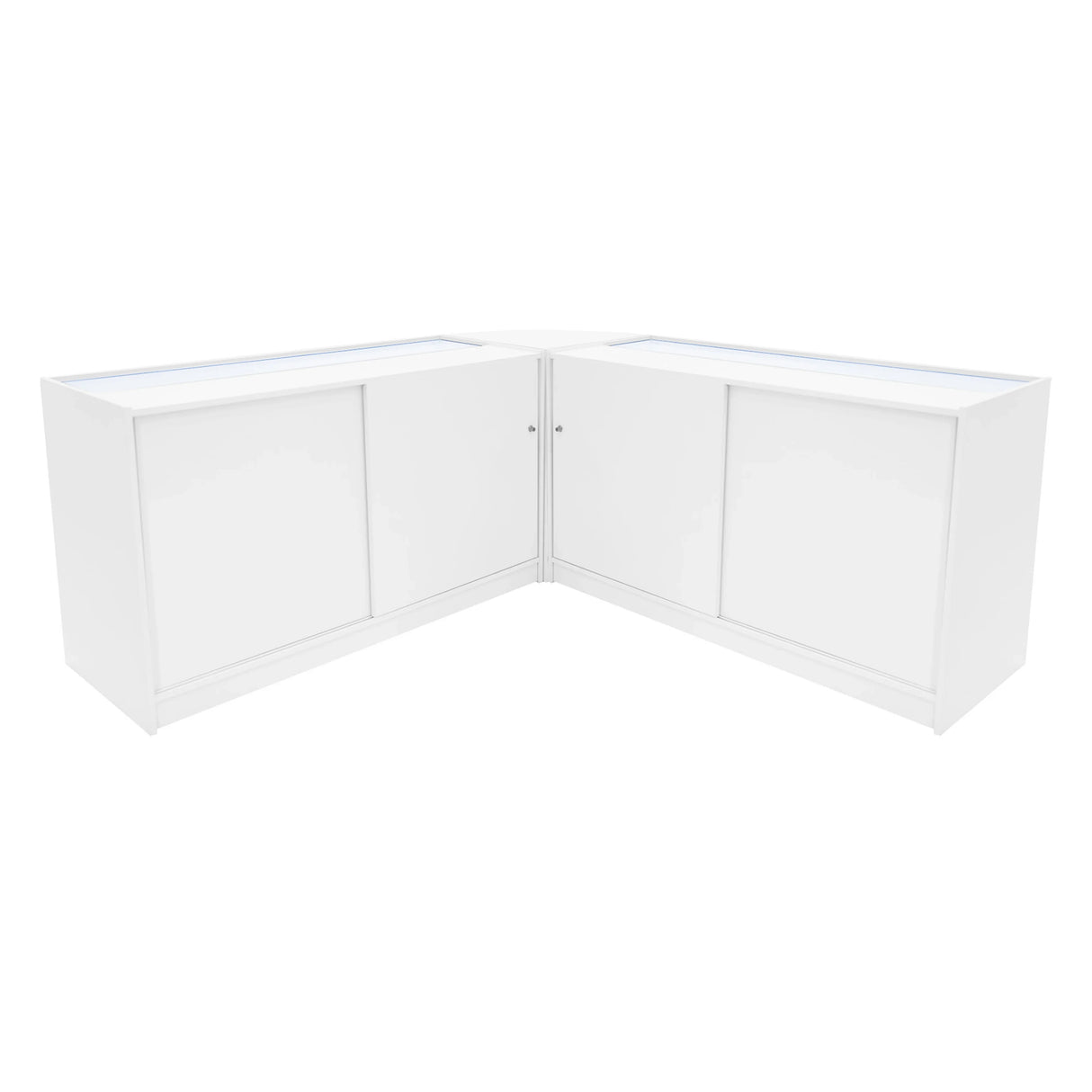 Theseus LED shop counter set in sleek white, featuring two corner units with sliding doors and illuminated display tops