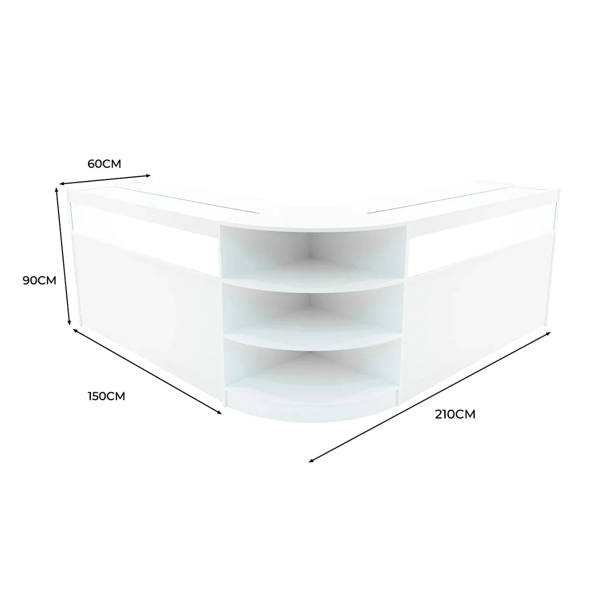 Theseus LED shop counter set in sleek white, featuring a modern design with curved edges and multiple shelves for display