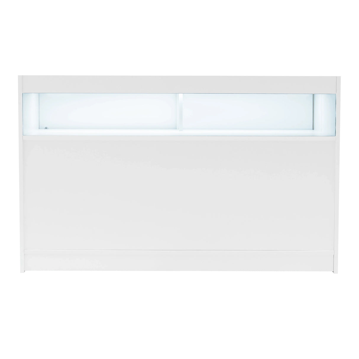 Theseus LED shop counter set in sleek white, featuring a modern design with illuminated display sections for enhanced visibility