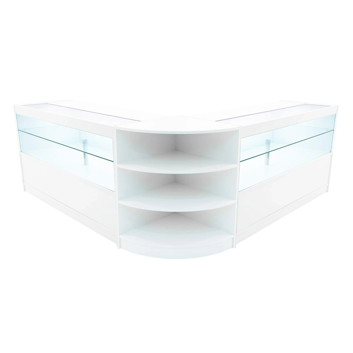 White Andromeda LED shop counter set with sleek glass displays, featuring a modern corner design and smooth surfaces for retail use