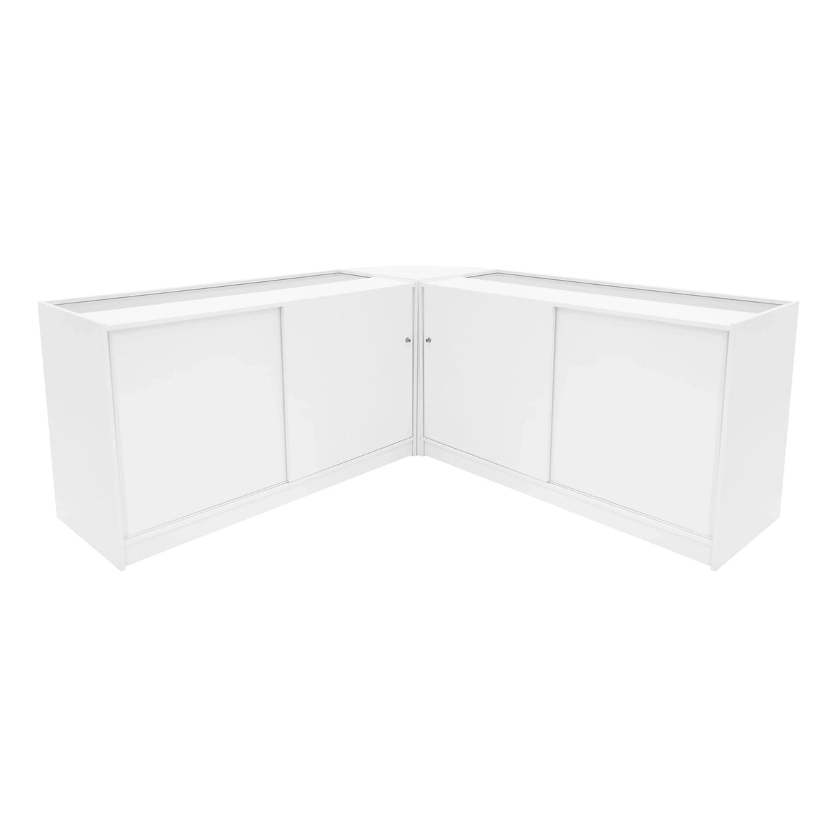 White Andromeda LED shop counter set featuring a sleek, modern design with two sliding doors and a corner configuration