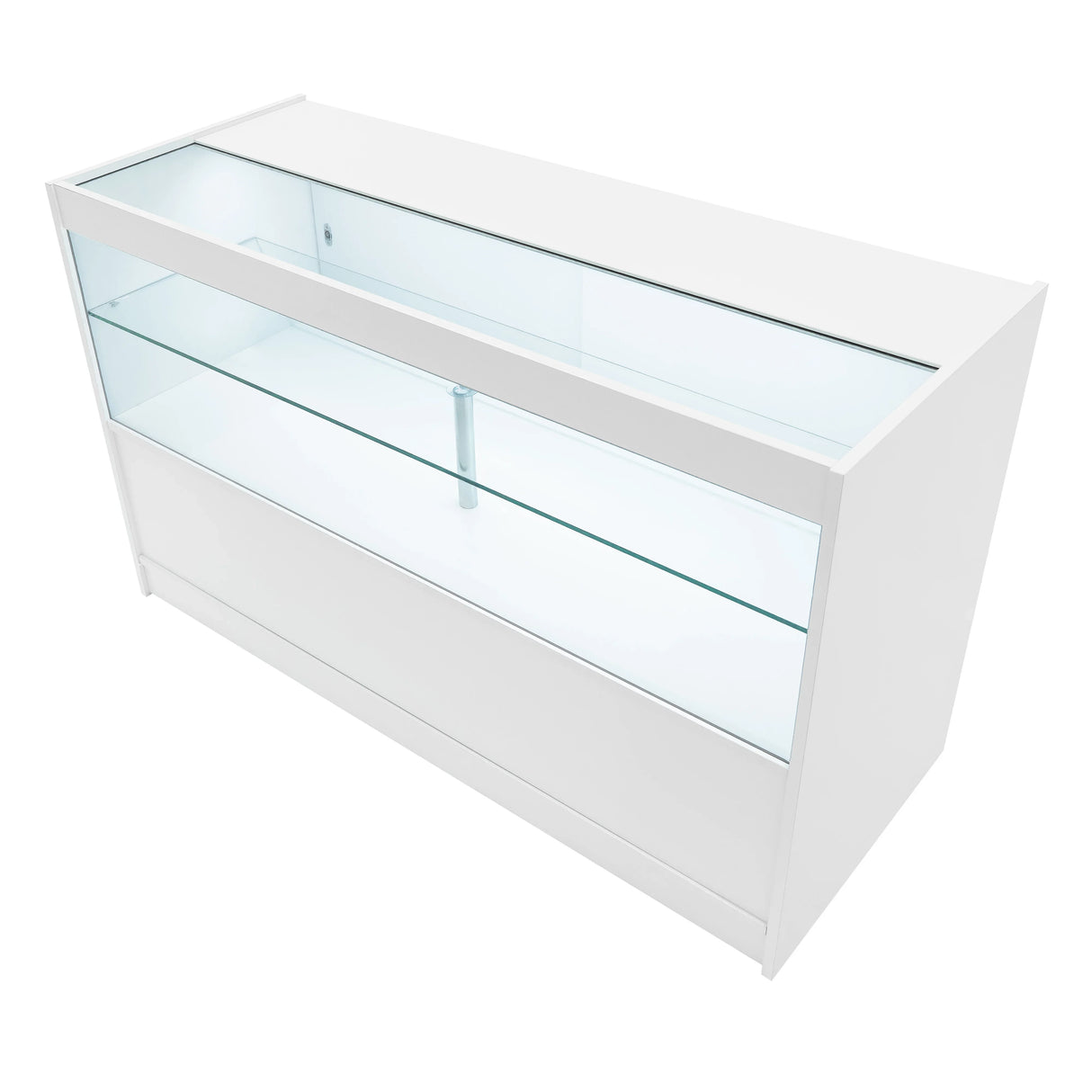 Sleek white Andromeda LED shop counter set with glass shelves, featuring a modern design and illuminated display area for products