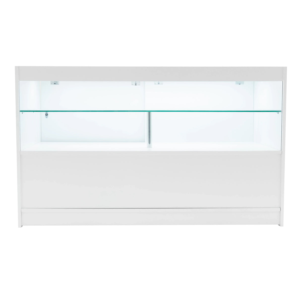 Andromeda LED shop counter set in white, featuring a sleek design, glass shelves, and integrated lighting for display purposes