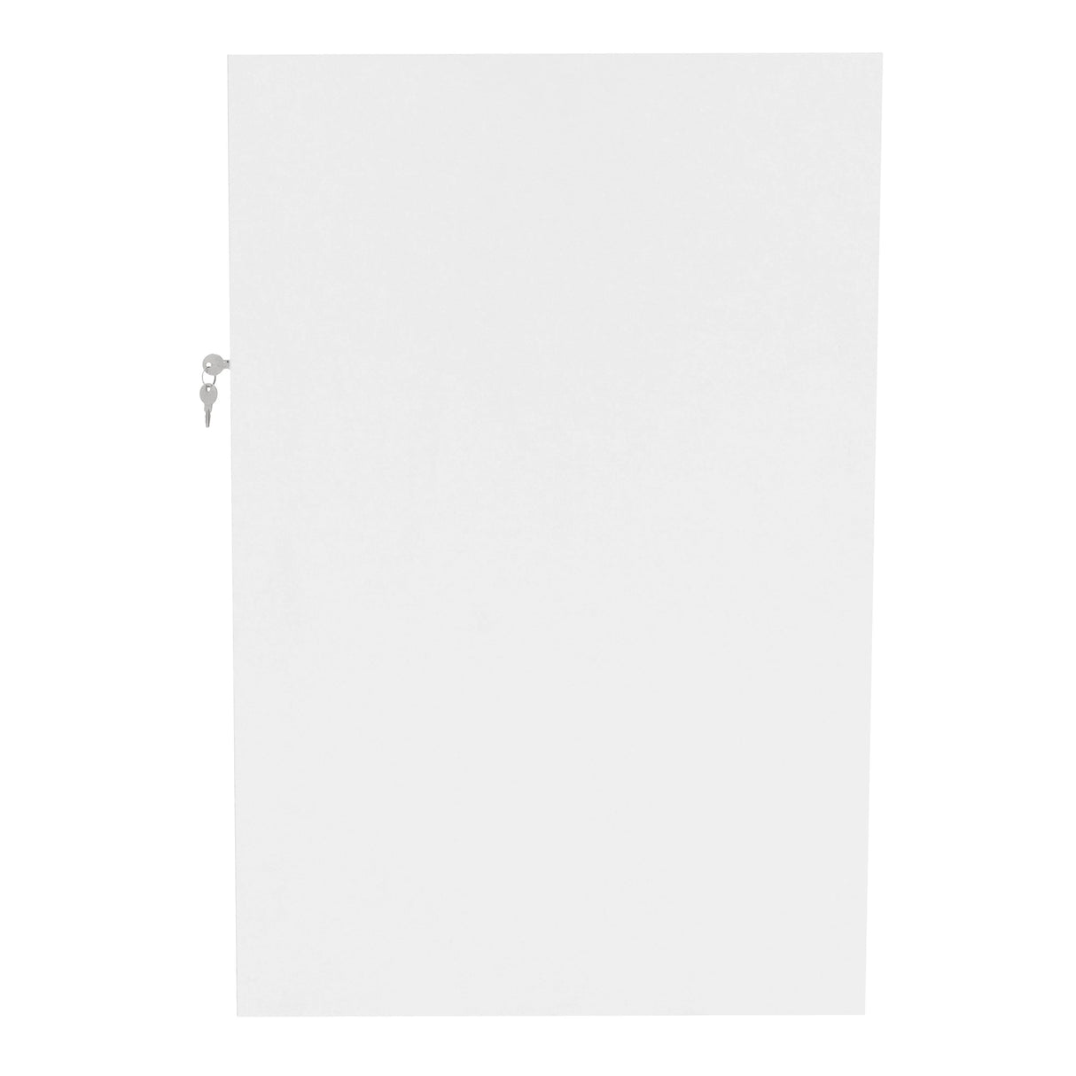 Sleek white Andromeda LED shop counter with a smooth finish, featuring a lockable door for secure storage and modern design