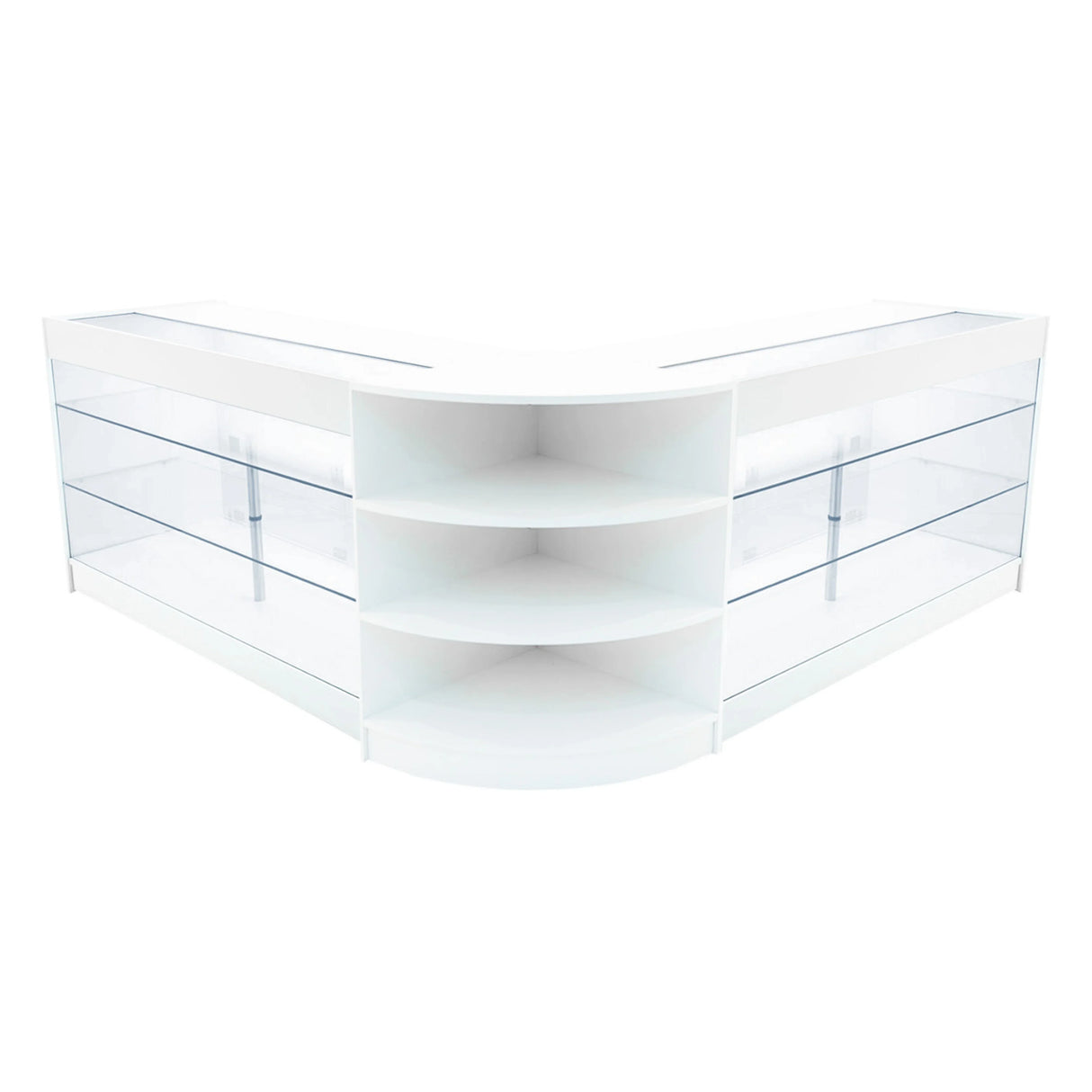 White Apollo LED shop counter set featuring a sleek, modern design with glass shelves and curved edges, ideal for retail displays