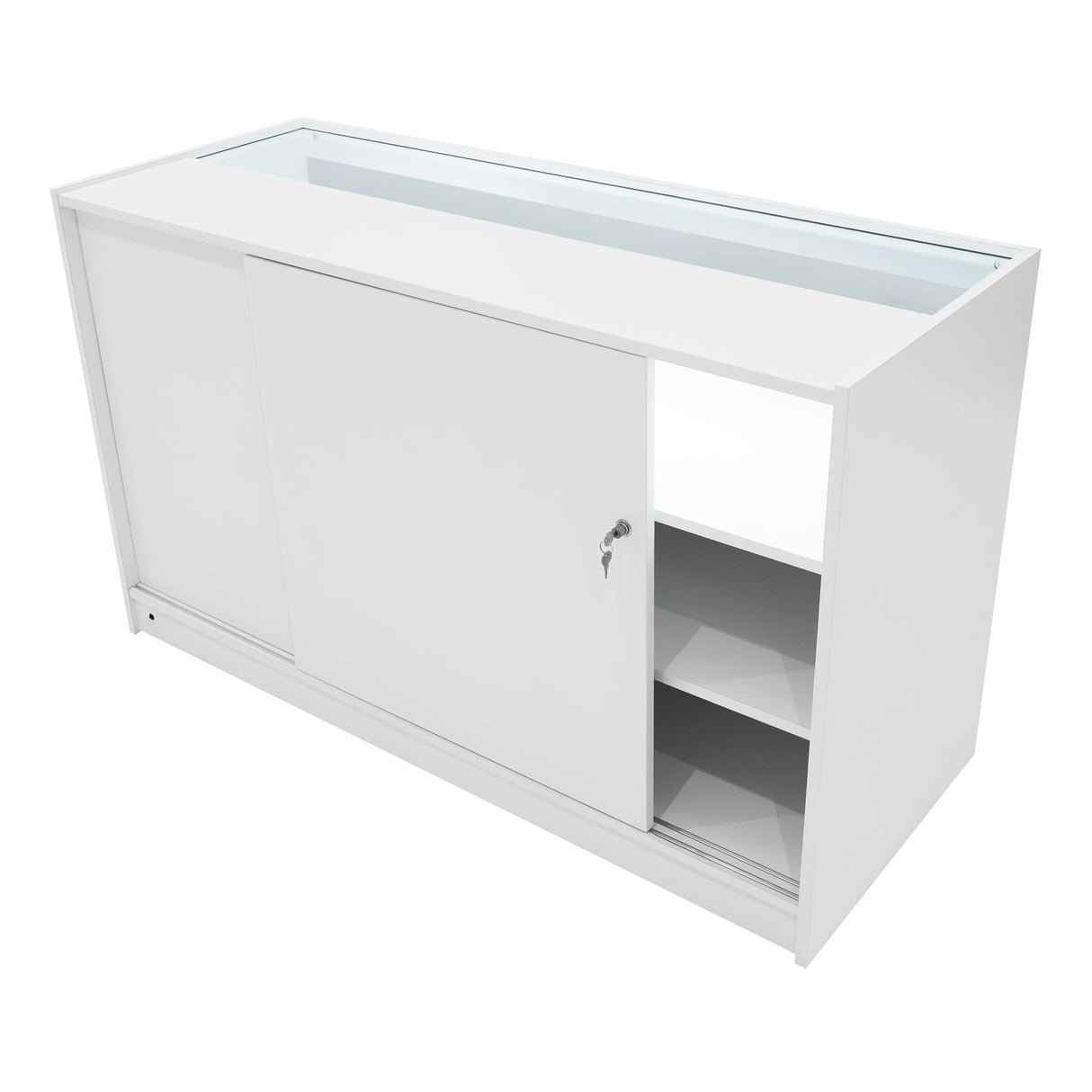 Sleek white Apollo LED shop counter set with sliding doors, glass top, and internal shelving for organized display and storage
