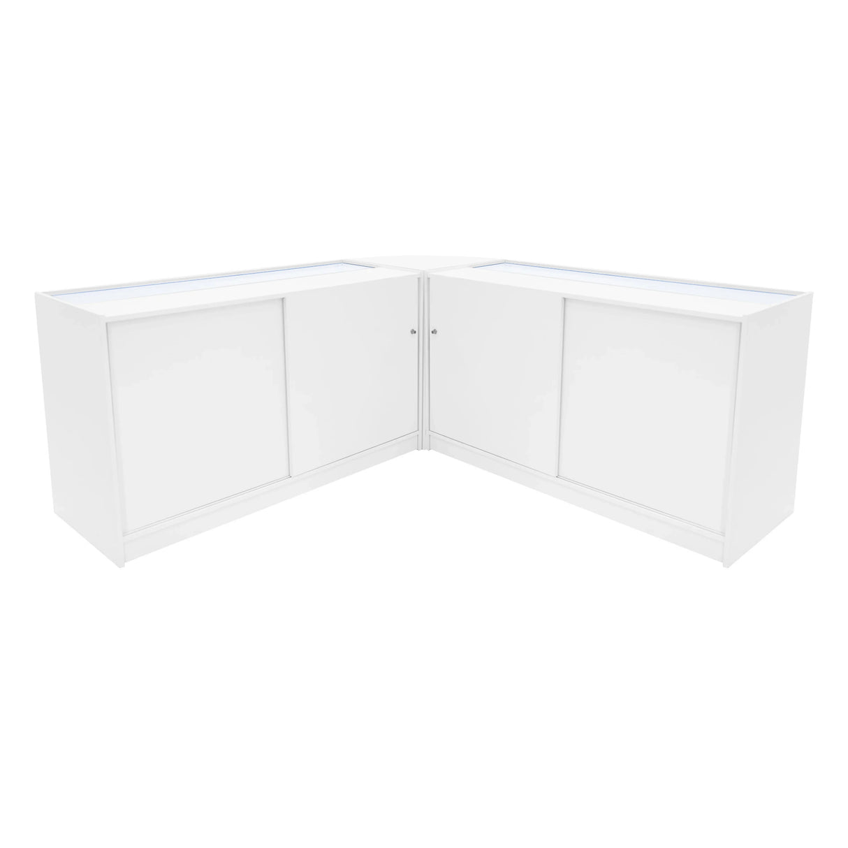White Apollo LED shop counter set with sleek design, featuring two K1500 display units and smooth surfaces for modern retail spaces